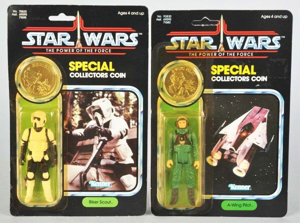 Lot of 2: Star Wars POF Carded Figures.: Description Includes A-Wing Pilot and Biker Scout (punched). Both with minor edge wear.Condition (C8, Excellent).