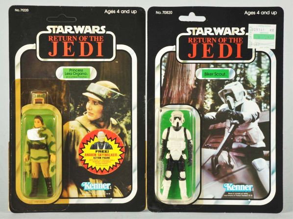 Lot of 2: Star Wars Carded Figures.: Description Return of the Jedi. Includes Biker Scout with price sticker on card and Princess Leia in Combat Poncho with price sticker on bubble. Both with some edge wear.Condition (C7, Very Good).