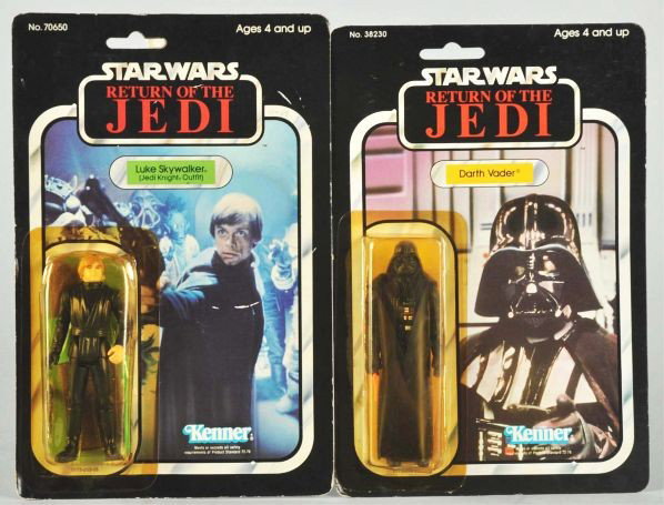 Lot of 2: Star Wars Carded Figures.: Description Return of the Jedi. Includes Darth Vader and Luke Skywalker Jedi Knight. Both are punched and have edge wear.Condition (C7, Very Good).