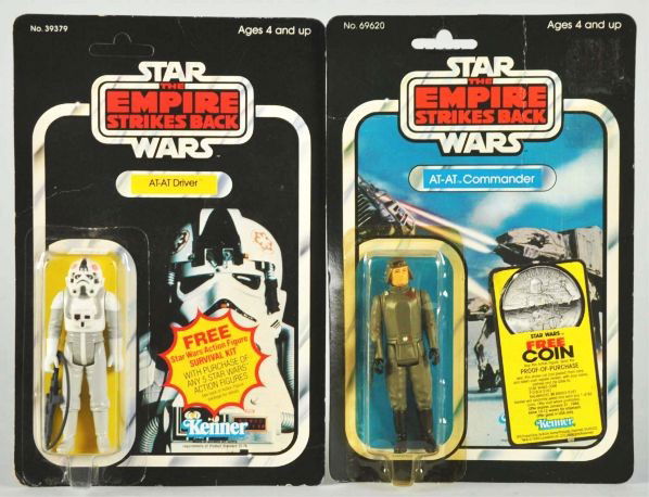 Lot of 2: Star Wars Carded Figures.: Description Empire Strikes Back. Includes At-At Commander (punched) and At-At Driver. Both with minor edge wear.Condition (C8, Excellent).