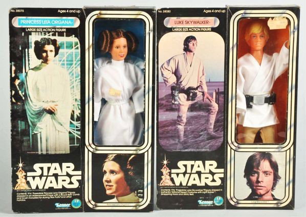 Lot of 2: Star Wars 12-Inch Figures.: Description Includes Princess Leia and Luke Skywalker, both in their original boxes with price stickers in windows.Condition (Very Good). Size Each, box: 13" T.