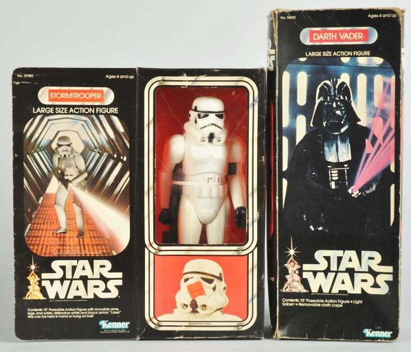 Lot of 2: Star Wars 12-Inch Figures.: Description Includes Darth Vader and Stormtrooper, both in their original boxes with overall wear. Darth Vader box with one rip.Condition (Very Good). Size Largest, box: 16" T.