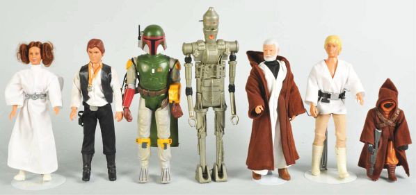 Lot of 7: Star Wars 12-Inch Dolls.: Description Includes IG88, Boba Fett, and others. Various characters missing some weapons and accessories.Condition (Good - Very Good). Size Largest: 15" T.