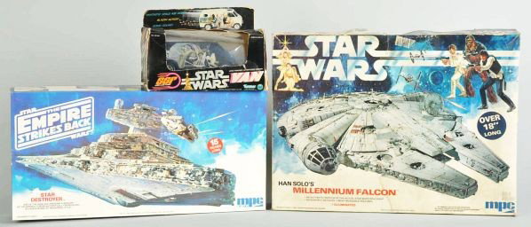 Lot of 3: Star Wars Items.: Description Includes two plastic models, Millenium Falcon and Star Destroyer, along with one Kenner Van in original box. Some edge wear overall.Condition (Good - Very Good). Size Largest, box: 14 - 1/