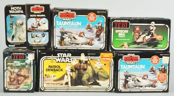 Lot of 6: Star Wars Accessories.: Description Includes speeder bike, Hoth Wampa, Ewok Catapault, Dewback, and two Tauntaun. Includes all original boxes with some edge wear.Condition (Very Good). Size Largest, box: 6" x 11" x 4 - 1/2".