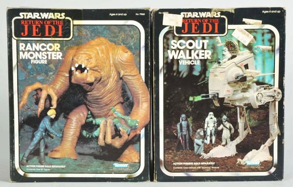 Lot of 2: Star Wars Vehicle & Figure.: Description Includes Rancor Monster and Scout Walker (unopened). Includes both original boxes, both with price stickers and edge wear.Condition (Very Good). Size Largest, box: 11 - 1/2" x 9 - 1/4" x 8