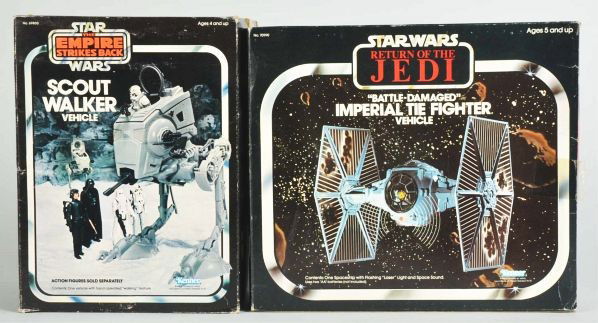 Lot of 2: Star Wars Vehicles.: Description Includes one Empire Strikes Back Scout Walker and one Return of the Jedi Imperial Tie fighter. Includes both original boxes with some edge wear.Condition (Very Good). Size Largest, box: 11