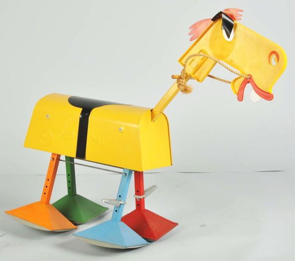Metal Hubley Old Tail Donkey Ride Toy.: Description Early 1960s production ride on toy. All metal construction with original plastic head. Toy appears to have never been played with.Condition (Excellent). Size 36" x 30".