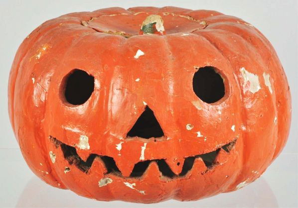 Large Composition Halloween Jack O Lantern.: Description Unusual size and shape, moderate chipping.Condition (Very Good). Size 13" Dia.
