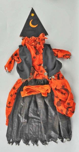 Orange & Black Halloween Costume.: Description With bells and tambourine. Oxidation to tambourine. 10 to 12 year old child size.Condition (Excellent).