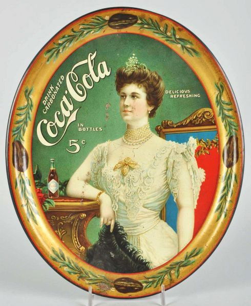 1905 Coca-Cola Serving Tray with Bottle.: Description Some central image area scratches, rubs, and minor marks with paint chips and nicks around some of the rubs. Good color remains. Some stains to outer gold border.Condition (Good - Very Goo