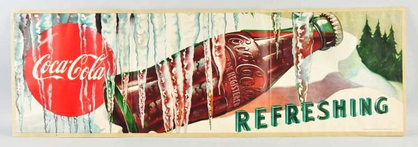 Horizontal Paper Coca-Cola Poster with Bottle.: Description 1950. Some light wrinkles, minor bends, paper loss to upper left corner, light wear, and minor marks.Condition (Very Good). Size 18 - 1/2" x 57".