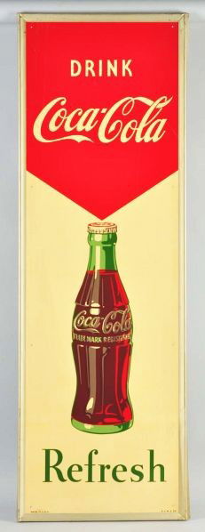 Tin Coca-Cola Sign.: Description 1955. Mild to medium surface scratches, rubs, and small marks. Also some minor frame bends and a few short scratches to bottom five inches. Still presents very well.Condition (Very Good).
