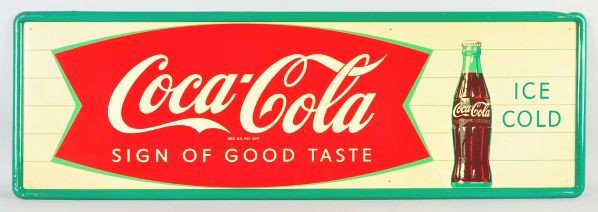 Tin Coca-Cola Sign.: Description 1960s. A few short scratches, a few mildew spots, light soiling, and minor marks. A little more extensive scratching to the outer raised frame.Condition (Excellent). Size 53 - 1/2" x 17 - 