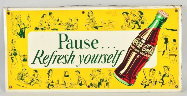 Lot of 2: Tin Over Cardboard Coca-Cola Signs.: Description 1950s. The lesser example has a good bit of fading, overall darkening, fairly heavy wear, marks, and scratches. The better example has some medium scratches, a few shallow dents, and light