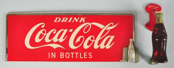 Lot of 2: Pieces.: Description Includes one Coca-Cola screen door pull and one extra countertop sign glass portion. Some silver loss to outer edge of glass piece and one break to base with bottom piece missing. The door