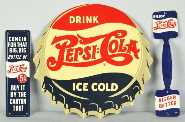 Lot of 3: Pepsi-Cola Items.: Description Includes one 1940s die-cut flat tin bottle cap with only minor spider-webbing and light surface marks and one 1940s to 1950s door pull handle with only light spider-webbing. Also includes