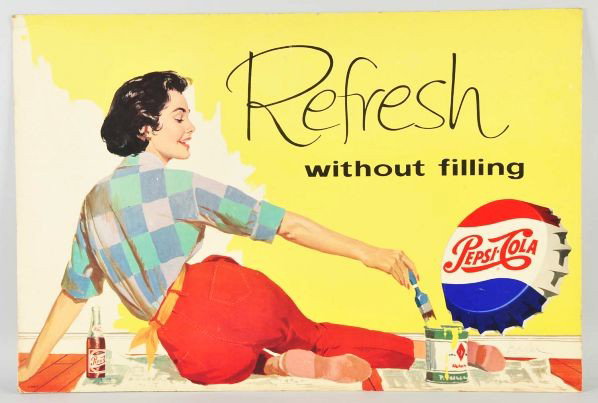 Cardboard Pepsi-Cola Poster.: Description 1950s to 1960s. Nice two-sided poster with good images on both sides. Some very minor shallow bends, some light edge wear and paper nicks, and light soiling.Condition (Excellent). 36 - 1/2