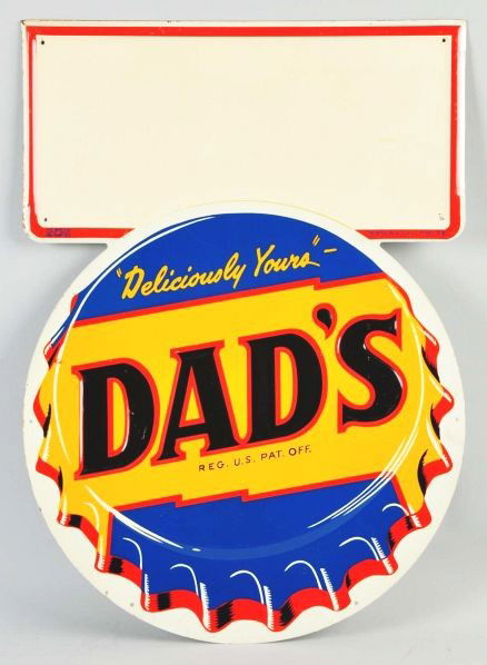 Embossed Tin Dad's Root Beer Sign.: Description 1950s. Very clean and bright with only a few minor surface marks and almost no wear.Condition (Near Mint). Size 28" x 20".