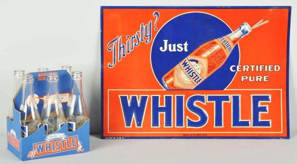 Whistle 6-Pack with Bottles & Sign.: Description 1940s. The tin sign is deeply embossed and not commonly found. All pieces are crisp with only the lightest of any wear or marks.Condition (Near Mint). Size Largest: 13 - 3/4" x 19 - 1/2".