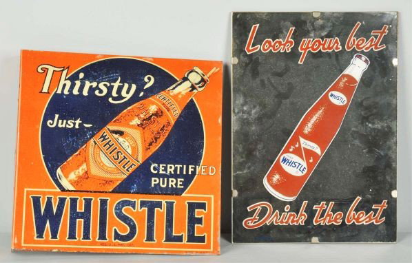 Lot of 2: Whistle Pieces.: Description Includes one 1940s tin Whistle flange sign with general overall wear, rubs, marks, scratches, and rusting. Also includes one glass Whistle mirror sign with original clips and masonite back