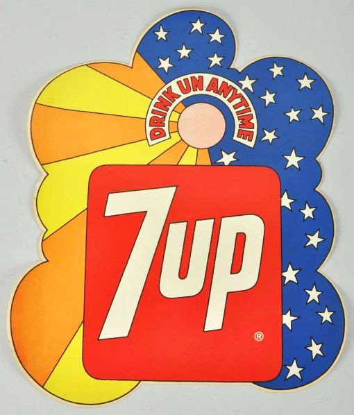 Lot of 4: Assorted 7up Items.: Description Includes one 1965 calendar, one 1970s dry mount decal, and two 1940s paper posters. All pieces are clean and unused with the exception of some light soiling and minor stains to the calenda