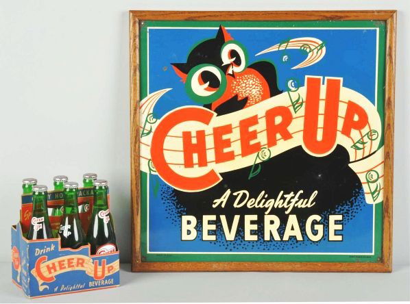 Embossed Tin Cheer Up Sign & 6-Pack.: Description 1940s to 1950s. Cardboard six-pack is complete with six filled bottles with caps and very light wear overall. The tin sign is bright, colorful, and graphic, mounted in a frame (no glass) w