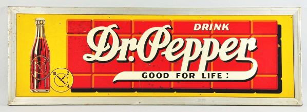Embossed Tin Dr. Pepper Sign.: Description 1940s. A number of random dark spots and stains, some paint nicks, chips, scratches, and light to medium wear.Condition (Very Good). Size 18" x 54".
