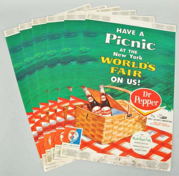 Lot of 6: Paper Dr. Pepper Signs.: Description 1964. Promoting the New York World's Fair. Clean and bright except for some scattered mold and mildew to bottom two inches. A few very mild stains throughout.Condition (Excellent). Size Ea