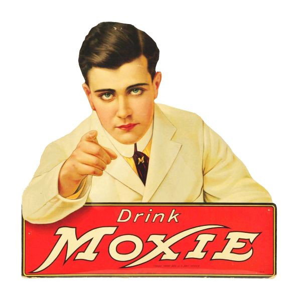 Cardboard Moxie Cutout Sign.: Description Circa 1920s. Framed under plexiglass. Clean and bright overall with only minor marks, three small tack holes, a few small surface scratches, and one or two shallow bends.Condition (Excelle