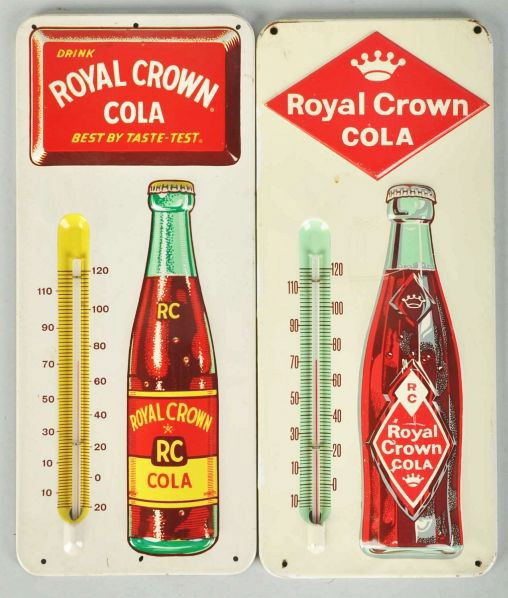 Lot of 2: Embossed Tin RC Cola Thermometers.: Description 1950s. Some minor spider-webbing, light wear, a few medium scratches to one piece, and some edge wear throughout.Condition (Excellent). Size Each: 13 - 1/2" T.