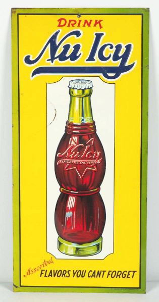 Embossed Tin Nu Icy Sign.: Description 1940s. Small tack hole to top center, a few bends and crimps, light surface rust, and minor marks or wear.Condition (Very Good). Size 19 - 1/2" x 9 - 1/4".
