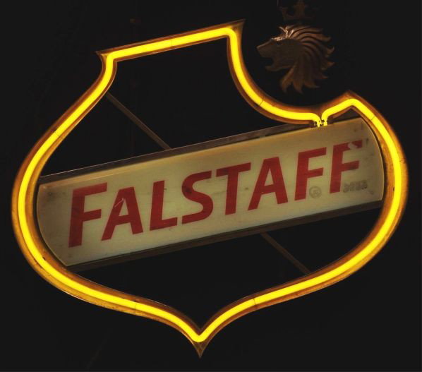 Falstaff Shield Plastic Plate Neon Sign.: Description 1950s to 1960s. Falstaff Brewing Company, St. Louis, MO (1933 - 1977). Yellow neon border in a plastic track with white neon back lighting and the Falstaff plate.Condition (Good). Size 15 