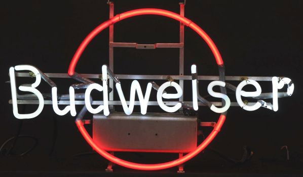 Budweiser Bullseye Neon Sign.: Description 1940s to 1950s. Anheuser Busch, St Louis, MO (1870 - Present). White and ruby red neon mounted on a metal frame with transformer attached. Beer and eagle cast metal are missing.Condition (