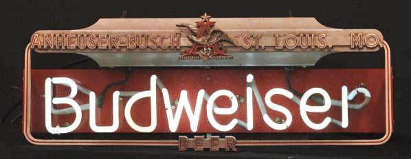 1939 Budweiser Neon Sign.: Description 1930s. Anheuser Busch, St. Louis, MO (1870 - Present). White neon mounted on a metal frame with transformer attached. One of the first Budweiser neons made. Metal cast lettering and logo a