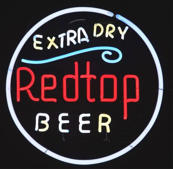 Red Top Beer Extra Dry Circle Neon Sign.: Description 1940s. Ruby red, blue and white neon mounted on a metal rod frame. Separate transformer is included.Condition (Good). Size 23" x 24".