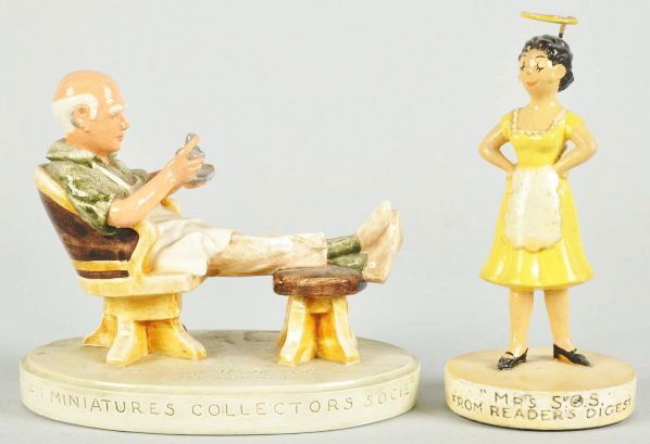 Lot of 2: Sebastian Miniatures.: Description Includes one Mr. SOS, from 1938, advertising Reader's Digest and one depicting Prescott Bastin, from the early 80s, as a collectors piece from the Sebastian line. All original condition.Co