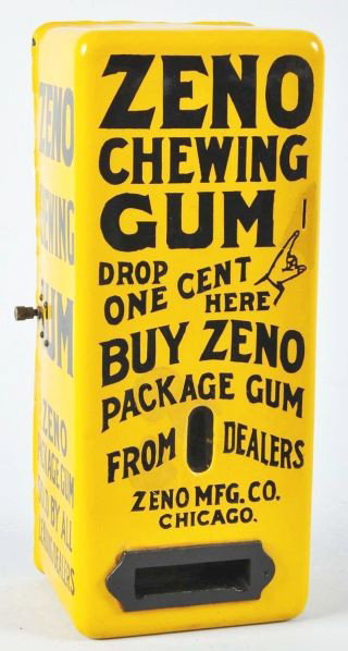 Porcelain Zeno Chewing Gum Coin-Op Dispenser.: Description Early 1900s. A few small areas of minor touchup. Displays well.Condition (Excellent). Size 17" T.