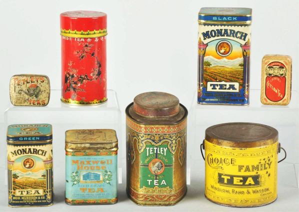 Lot of 8: Assorted Tea Cans & Tins.: Description Includes Monarch, Choice Family, Tetley, and others. Several with very nice color and detail. Minimal to modest wear.Condition (Very Good - Excellent). Size Largest: 5 - 1/2" T.