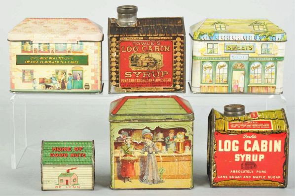 Lot of 6: Assorted Syrup, Tea, & Nut Tins.: Description All are in very nice, displayable condition with minimal to modest wear.Condition (Excellent). Size Largest: 4 - 3/4" L.