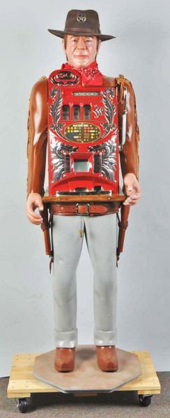 Life-Size Cowboy 25¢ Slot Machine.: Description Working. Cowboy is a newer carving and the slot machine is a restored Mills 25¢ slot. Includes keys.Condition (Near Mint).