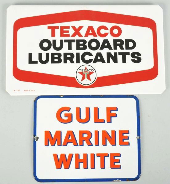 Texaco & Gulf Signs.: Description aluminum Texaco Lubricants sign is marked "1966" however it may be a later reproduction with little to no wear. The porcelain Gulf Marine pump plate is 1940s to 1950s with only light surfa
