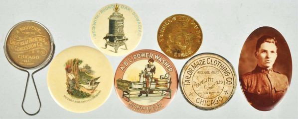 Lot of 7: Assorted Advertising Pocket Mirrors.: Description Includes one portrait, one stove, and others. Modest wear overall.Condition (Very Good). Size Largest: 3" T.