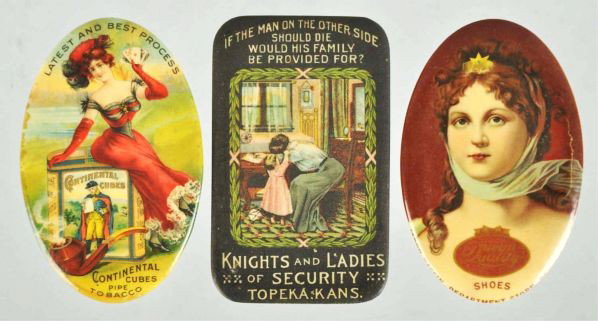 Lot of 3: Assorted Advertising Pocket Mirrors.: Description Includes Queen Quality, Knights and Ladies, Continental Cube, and others. All tins display very nicely. The Continental Cube has some foxing.Condition (Excellent). Size Each: 2 - 3/4" T.