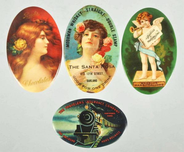 Lot of 4: Oval Advertising Pocket Mirrors.: Description Includes Traveler's Insurance, Reed's Chocolates, and others. Minimal wear and slight tarnishing to mirrors. The Santa Rosa is in fair condition with splits and stains in the celluloid.Con