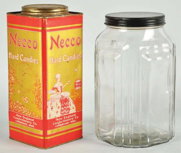 Lot of 2: Necco Candy Containers.: Description Includes one tin and one glass jar. Very nice overall condition.Condition (Excellent). Size Largest: 11" T.