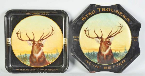 Lot of 2: Serving Trays.: Description Both with the same image of an elk. Includes one for Union Label Beer and the other for Stag Trousers.Condition (Very Good - Excellent). Size Largest: 13 - 1/4" x 13 - 1/4".