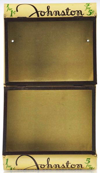 Johnston Candy Counter Display.: Description Horizontal store counter dispenser for Johnston Candies & Chocolates one for 1¢ or five for 5¢.Condition (Fine). Size 18 - 3/4" x 10 - 1/4".