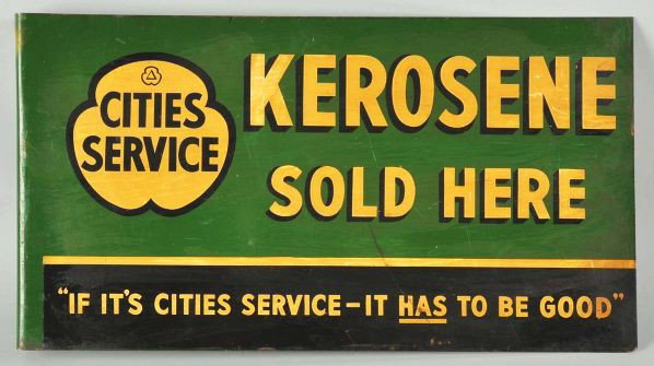 Tin Cities Service Kerosene Flange Sign.: Description Circa 1950s to 1960s. Fairly sloppy varnish coat on both sides, some edge rust, a few minor bends, light surface scratches, and overall wear.Condition (Good - Very Good). Size 22" x 12".