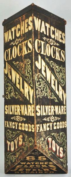 Early General Store Trade Sign.: Description Circa 1880s. Fantastic outdoor corner side made for a general goods store. Sign reads "Watches, Clocks, Jewelry, Silverware, Fancy Goods, and Toys". Beautiful scrollwork and original lette